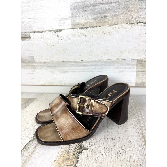 Prada womens 6 vintage block heel buckle sandals brown italy 2000 leather - Picture 1 of 8